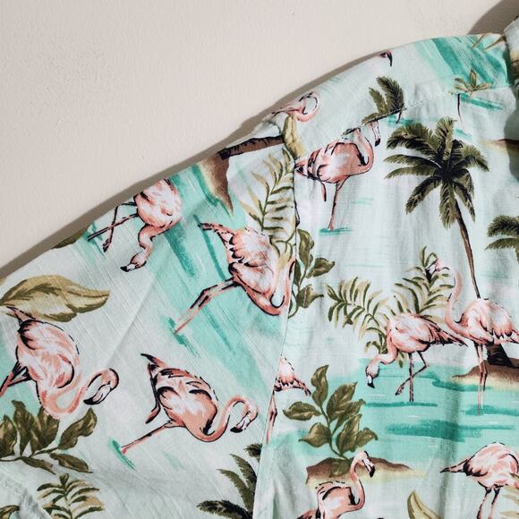 Oliver & Burke Palm tree and flamingo print button front Hawaiian shirt men sz M - Picture 10 of 11